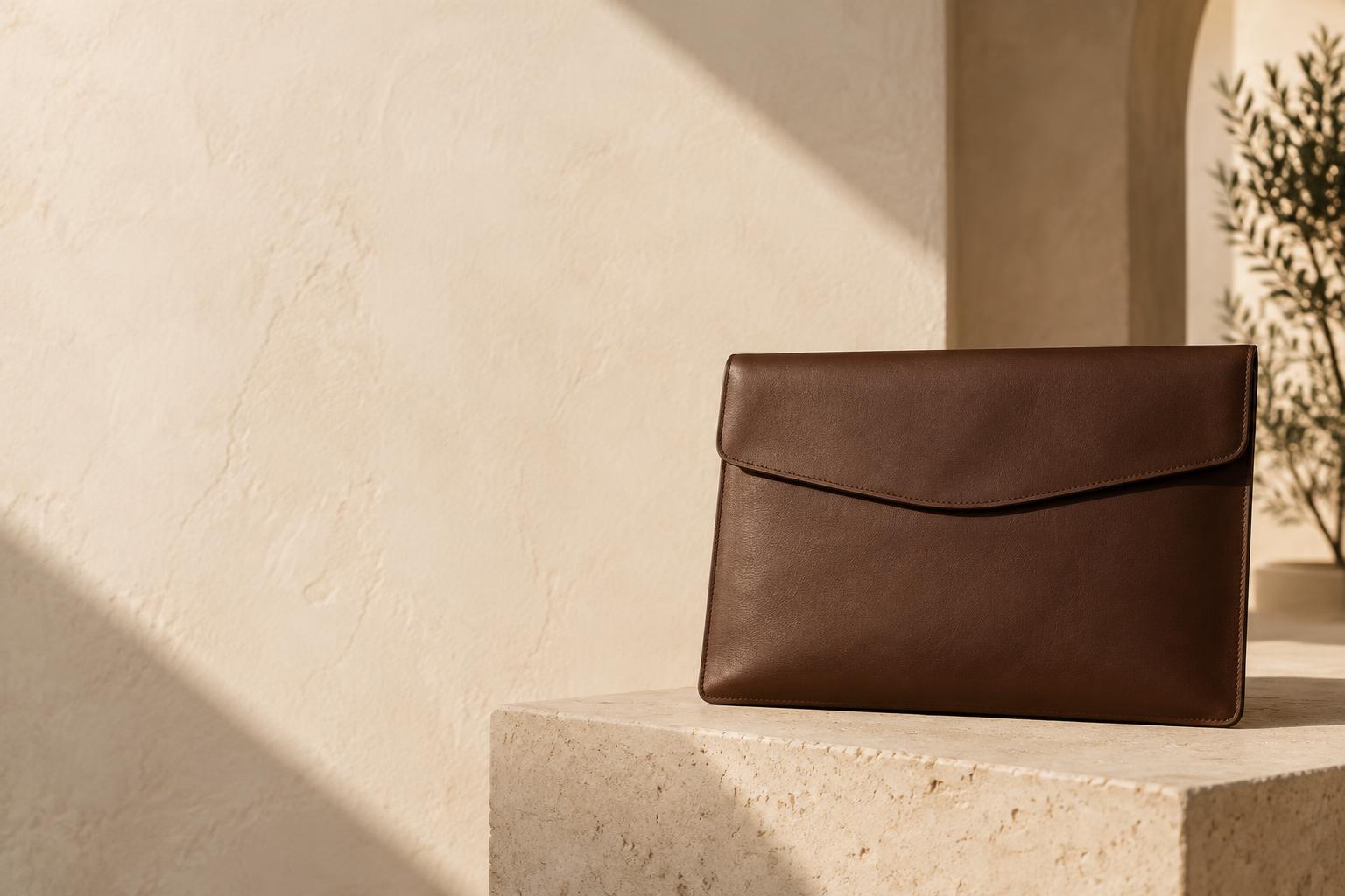 Illustrative chocolate leather sleeve on warm stone